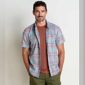 NWT Toad&Co Blue Plaid Organic Recycled Cotton Eddy Short Sleeve‎ Button Down M